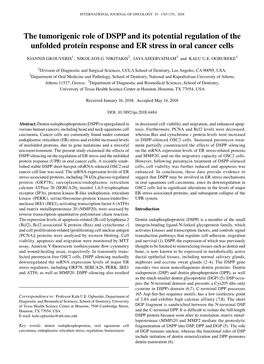 The Tumorigenic Role of DSPP and Its Potential Regulation of the Unfolded Protein Response and ER Stress in Oral Cancer Cells