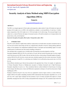 Security Analysis of Data Method Using MIPS Encryption Algorithm (MEA) Sangeeta