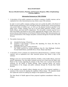 HEALTH DIVISION Bureau of Health Statistics, Planning, and Emergency Response, Office of Epidemiology LCB File #R089-10 Informat