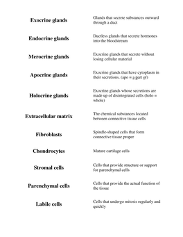 Exocrine Glands Endocrine Glands Merocrine Glands Apocrine Glands Holocrine Glands Extracellular Matrix Fibroblasts Chondrocytes