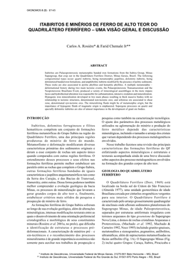 Itabiritos E Minérios De Ferro De Alto Teor Do Quadrilátero Ferrífero – Uma Visão Geral E Discussão