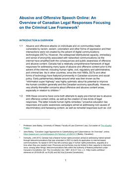 Abusive and Offensive Speech Online: an Overview of Canadian Legal Responses Focusing on the Criminal Law Framework1