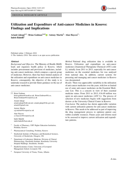 Utilization and Expenditure of Anti-Cancer Medicines in Kosovo: Findings and Implications