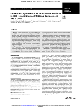 D-2-Hydroxyglutarate Is an Intercellular Mediator in IDH-Mutant Gliomas Inhibiting Complement and T Cells Lingjun Zhang1, Mia D