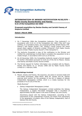 DETERMINATION of MERGER NOTIFICATION M/05/079 – Radio County Sound/Dooley and Feeney S.21 of the Competition Act 2002