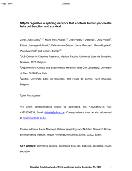 Srp55 Regulates a Splicing Network That Controls Human Pancreatic Beta Cell Function and Survival