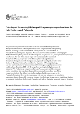 Osteology of the Unenlagiid Theropod Neuquenraptor Argentinus from the Late Cretaceous of Patagonia