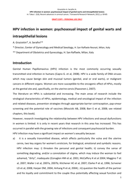 HPV Infection in Women: Psychosexual Impact of Genital Warts and Intraepithelial Lesions In: Takac I