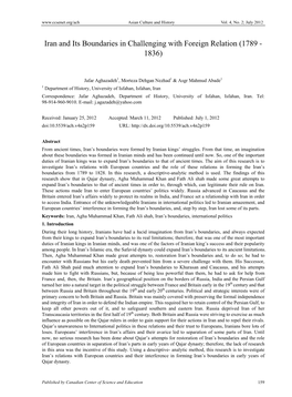 Iran and Its Boundaries in Challenging with Foreign Relation (1789 - 1836)