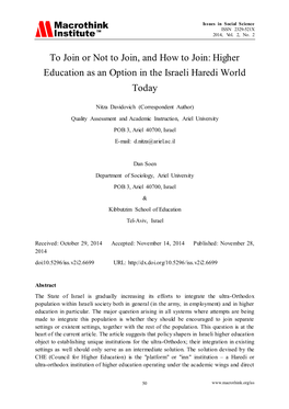 Higher Education As an Option in the Israeli Haredi World Today