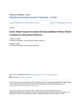 Exotic Weed Invasion Increases the Susceptibility of Native Plants to Attack by a Biocontrol Herbivore