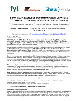 Shaw Media 2014 New Channel Announcement Media Release Final