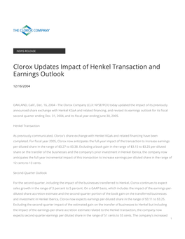 Clorox Updates Impact of Henkel Transaction and Earnings Outlook