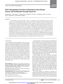 EYA1 Phosphatase Function Is Essential to Drive Breast Cancer Cell Proliferation Through Cyclin D1