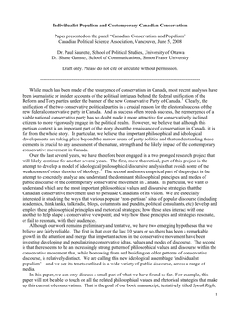 Canadian Conservatism and Populism” Canadian Political Science Association, Vancouver, June 5, 2008