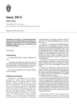 Innst. 294 S (2012–2013) Innstilling Til Stortinget Fra Transport- Og Kommunikasjonskomiteen