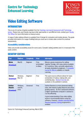 Video Editing Software INTRODUCTION This Is One of a Series of Guides Available from the Teaching, Learning & Assessment with Technology Series