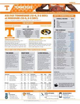 21/#21 TENNESSEE (12-4, 3-2 SEC) 2017-18 » SCHEDULE & RECORD at MISSOURI (12-5, 2-2 SEC) OVERALL RECORD: 12-4 JAN