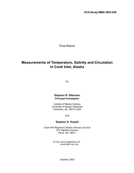 Measurements of Temperature, Salinity and Circulation in Cook Inlet, Alaska