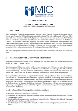 Library Assistant General Job Specification