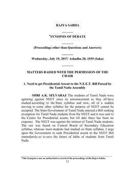 SYNOPSIS of DEBATE ______(Proceedings Other Than Questions and Answers) ______Wednesday, July 19, 2017/ Ashadha 28, 1939 (Saka) ______