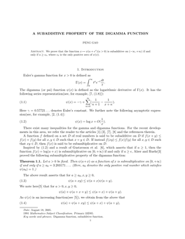 A SUBADDITIVE PROPERTY of the DIGAMMA FUNCTION 1. Introduction Euler's Gamma Function for X > 0 Is Defined As Γ(X)