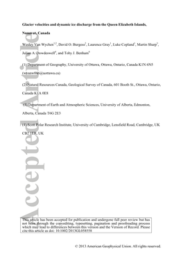 Glacier Velocities and Dynamic Ice Discharge from the Queen Elizabeth Islands