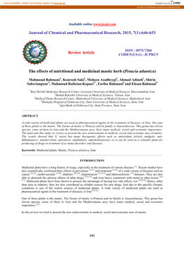 Journal of Chemical and Pharmaceutical Research, 2015, 7(1):646-653 Review Article the Effects of Nutritional and Medicinal