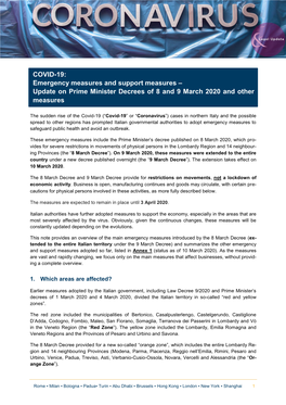 Update on Prime Minister Decrees of 8 and 9 March 2020 and Other Measures