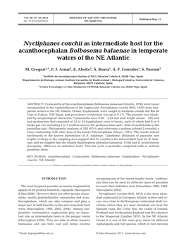 Nyctiphanes Couchii As Intermediate Host for the Acanthocephalan Bolbosoma Balaenae in Temperate Waters of the NE Atlantic