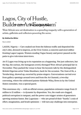 Lagos, City of Hustle, Builds an Art ‘Ecosystem’ - the New York Times 22/02/2019, 14:22