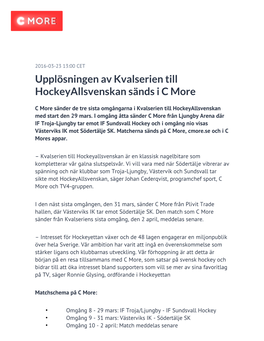 Upplösningen Av Kvalserien Till Hockeyallsvenskan Sänds I C More