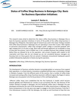 Status of Coffee Shop Business in Batangas City: Basis for Business Operation Initiatives