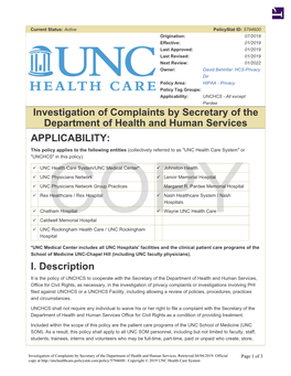 Investigation of Complaints by Secretary of the Department of Health and Human Services APPLICABILITY