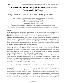 A Community Based Survey of the Burden of Ascaris Lumbricoides in Enugu