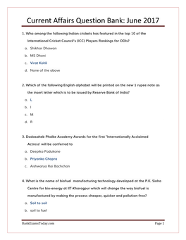 Current Affairs Question Bank: June 2017