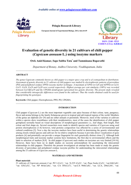 Evaluation of Genetic Diversity in 21 Cultivars of Chili Pepper (Capsicum Annuum L.) Using Isozyme Markers