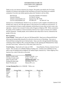 INFORMATION GUIDE to JUNCTION CITY, OREGON Incorporated 1872