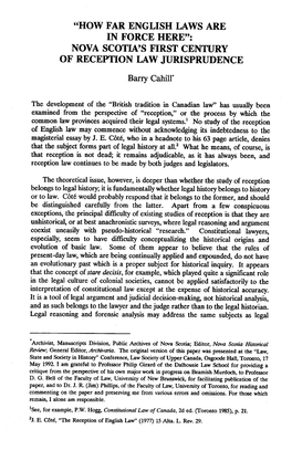 “How Far English Laws Are in Force Here”: Nova Scotia’S First Century of Reception Law Jurisprudence