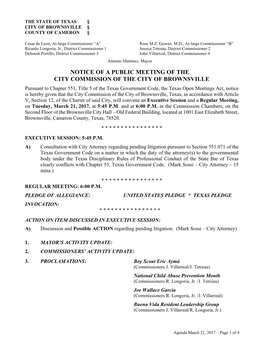 Notice of a Public Meeting of the City Commission of the City of Brownsville