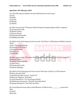 Quiz Date: 18Th February 2020 Q1. the 65Th Amazon Filmfare Awards 2020 Hosted in Which State? (A) Goa (B) Delhi (C) Assam (D) Kerala (E) Odisha