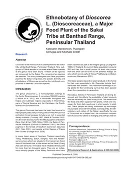 Ethnobotany of Dioscorea L. (Dioscoreaceae), a Major Food Plant of the Sakai Tribe at Banthad Range, Peninsular Thailand