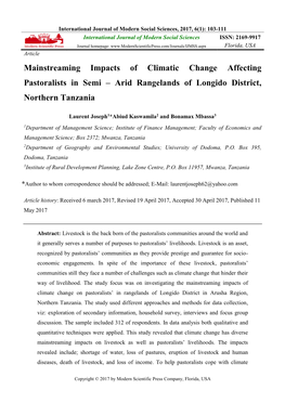 Mainstreaming Impacts of Climatic Change Affecting Pastoralists in Semi – Arid Rangelands of Longido District, Northern Tanzania