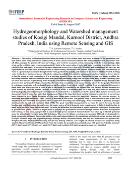 Hydrogeomorphology and Watershed Management Studies of Kosigi Mandal, Kurnool District, Andhra Pradesh, India Using Remote Sensing and GIS [1] N