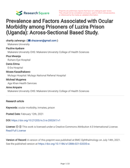 Prevalence and Factors Associated with Ocular Morbidity Among Prisoners of Luzira Prison (Uganda): Across-Sectional Based Study
