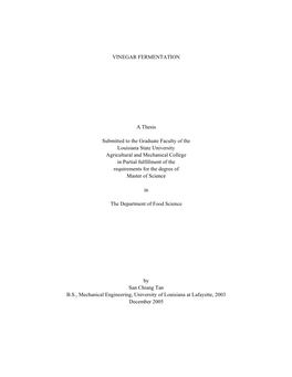 VINEGAR FERMENTATION a Thesis Submitted to the Graduate Faculty