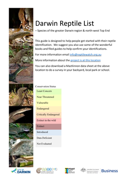 Darwin Reptile List – Species of the Greater Darwin Region & North-West Top End