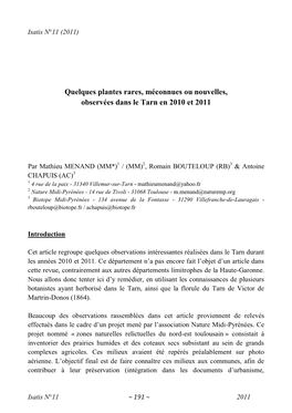 Quelques Plantes Rares, Méconnues Ou Nouvelles, Observées Dans Le Tarn En 2010 Et 2011