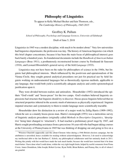 Philosophy of Linguistics to Appear in Kelly Michael Becker and Iain Thomson, Eds., the Cambridge History of Philosophy, 1945-2015