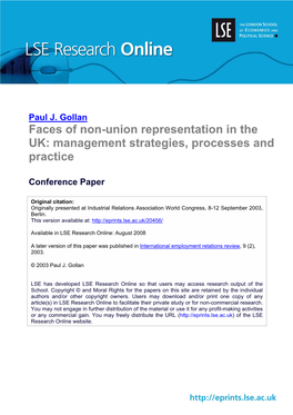Faces of Non-Union Representation in the UK: Management Strategies, Processes and Practice